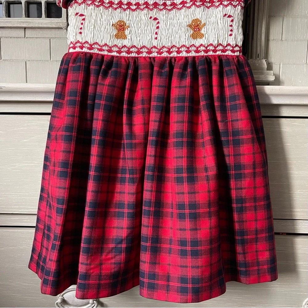 Rachel Riley Girls Gingerbread Tartan Puff Sleeve Smocked Holiday Dress, Red - Picture 10 of 15